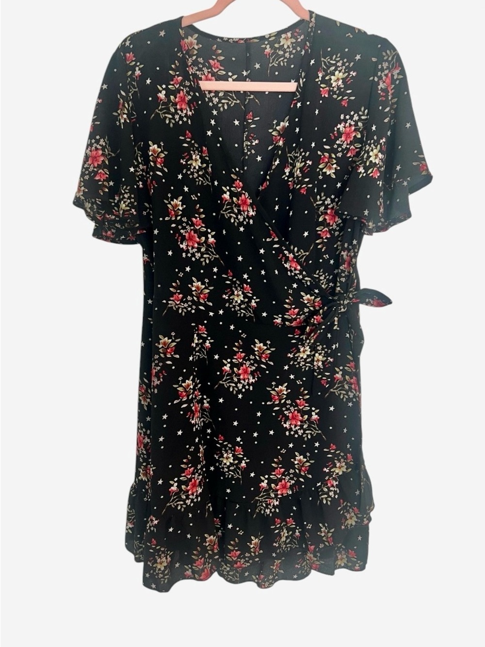 Black Floral Wrap Dress with Ruffle Hem